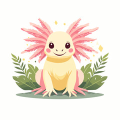 Fototapeta premium Cute Cartoon Axolotl with Pink Gills and Green Leaves