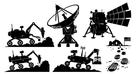 Space Exploration Icons: Rovers, Satellite Dish, Lander, Lunar Base, and Astronaut Footprints Vector Set © Shahinur