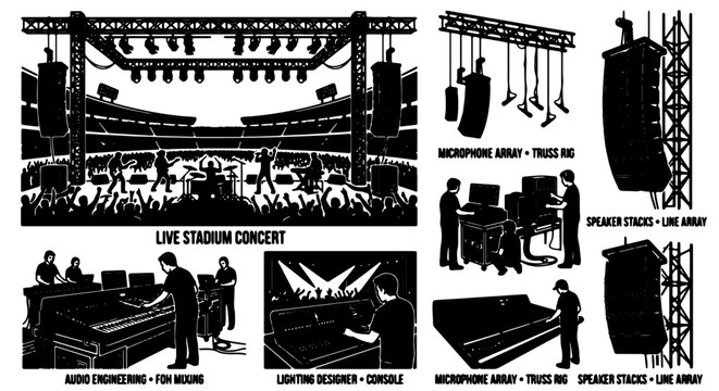 Live Concert Stage Production Elements, Audio Engineering, Lighting Design, Speaker Arrays, Microphone Rigs, Vector Set for Event Production