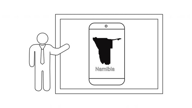 Man presenting Namibia map on smartphone screen graphic.