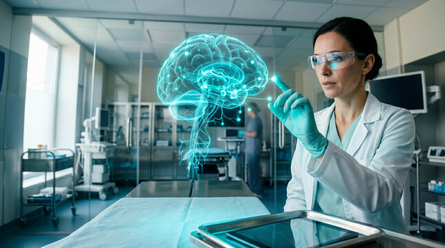Doctor using holographic brain interface in modern clinic