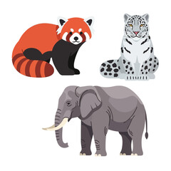 Naklejka premium Cute Cartoon Animals: Red Panda, Snow Leopard, Elephant on White Background
