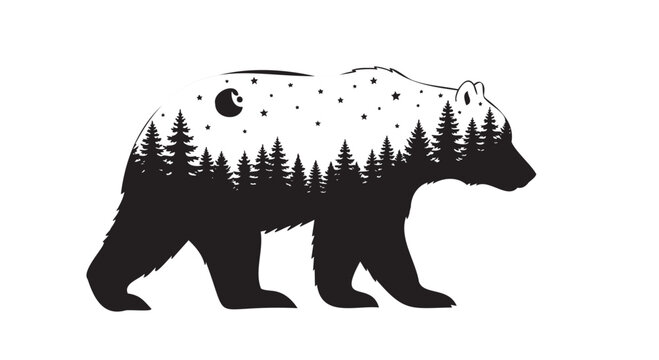 Black bear silhouette, forest landscape, starry night sky, wildlife icon