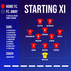 Infographic football starting 11 or soccer lineups formation. Set of football player positions on soccer field. Soccer jersey icons in flat design. Vector Illustration. © tondruangwit