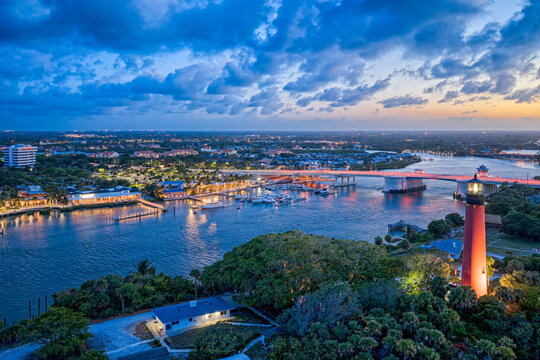 aerial view of Jupiter Inlet and US 1 bridge at sunset