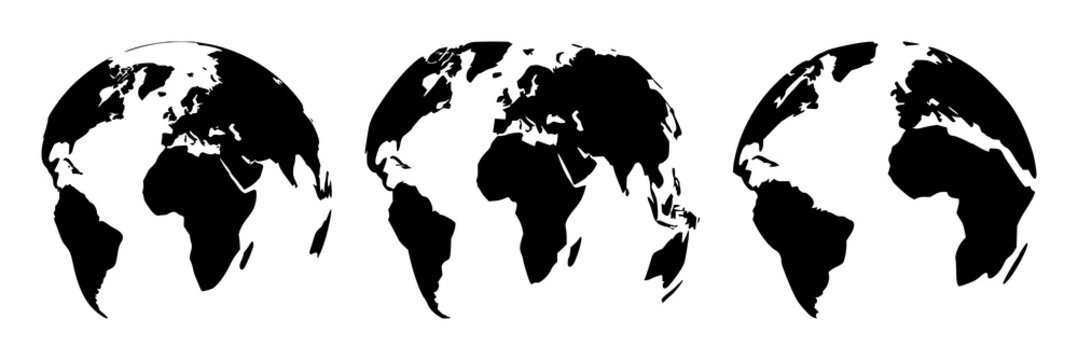 Solid black icon, white background: worldwide shipping globe set with simple line art design featuring outline, illustration, graphic elements with clean design and vector art