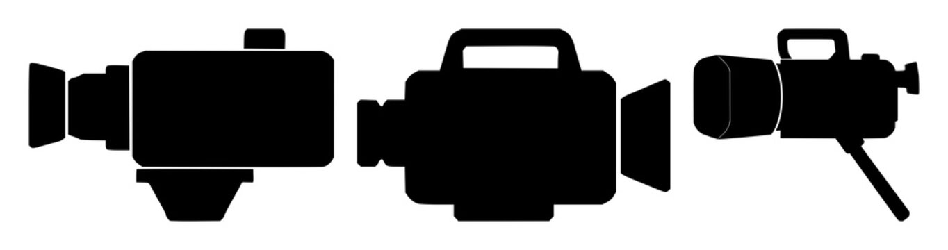 Video camera icon set with solid black silhouette on white background featuring video, camera, icon with digital and electronics