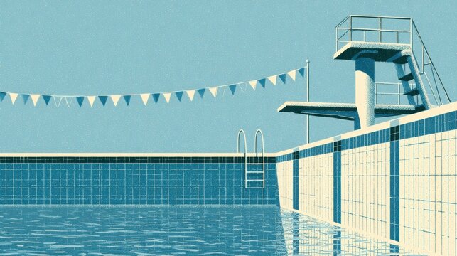 A retro scene shows a 1960s school swimming pool with a diving board, tile borders, and pennant flags in blue and cream colors.