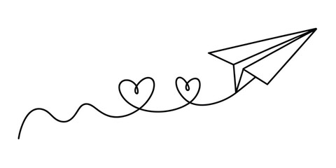 Black line art paper airplane flying with hearts and wavy line Vector, illustration © Nebaron