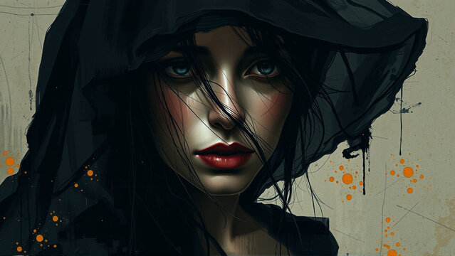 Portrait of a woman wearing a black mourning veil. Watercolor painting.