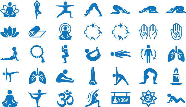 Yoga Pose Icons: A collection of blue silhouette icons representing various yoga poses, breathing exercises, and spiritual symbols, perfect for fitness and wellness applications.