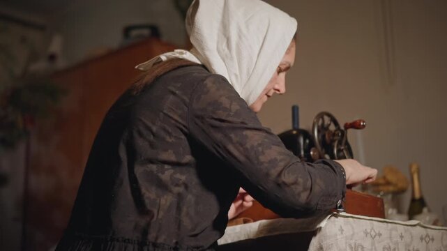 Elderly woman mends. Seasoned craftswoman patiently fixes valuable garments in peace. Experienced artisan meticulously restores vintage clothing with careful attention and quiet dedication