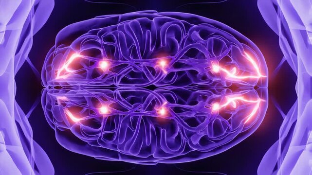 3D illustration of human brain neural activity with glowing synapses, neuroscience concept