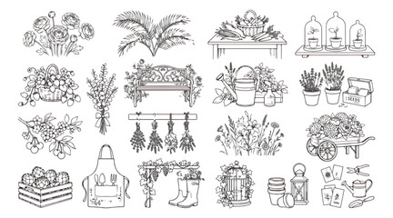 Obraz premium Hand drawn garden icons set, vintage botanical line art illustrations, rustic gardening tools and floral elements vector collection
