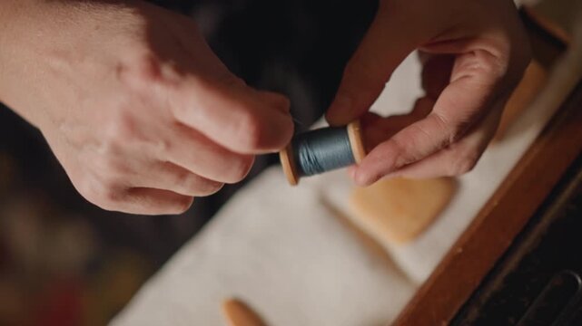 Wooden spool and nimble fingers. An intimate moment of handcrafted sewing and careful stitching. Expert fingers carefully wind blue thread around wooden spool during delicate tailoring work