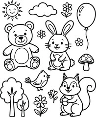 Naklejka premium Kids Coloring Book Page Cute Bear Rabbit Squirrel Bird Line Art
