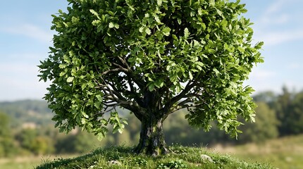 Fototapeta premium Detailed oak tree with lush green leaves standing on grassy hill in sunny day landscape.