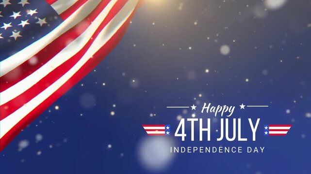 American flag waves gracefully in the upper corner of this dark blue background filled with glowing bokeh particles and elegant text celebrating the fourth of July holiday for national festivities.