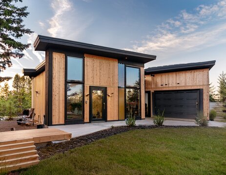 contemporary prefab modular home design featuring light wood vertical siding black metal accents large glass doors and a wrap around porch