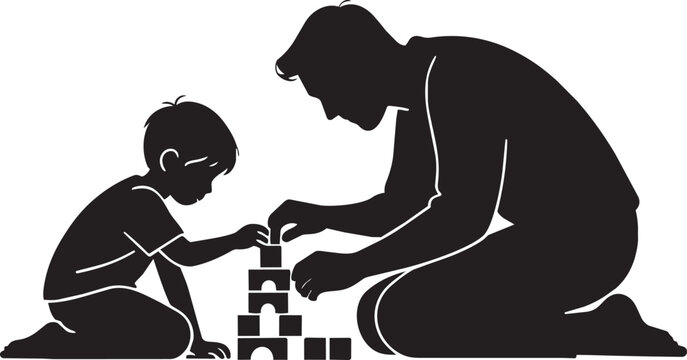 Silhouette father and son playing with toy building blocks on floor together at playtime
