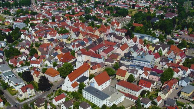 Aerial view of the old town and city Aichach in Germany, Bavaria on a sunny spring day