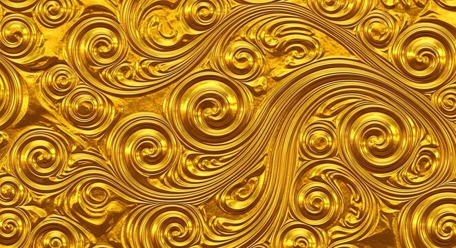 Gold metal features intricate swirling patterns and embossed floral designs with a reflective finish.