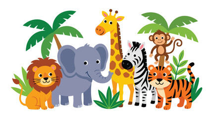Naklejka premium Group of safari wild animals gathering cartoon illustration