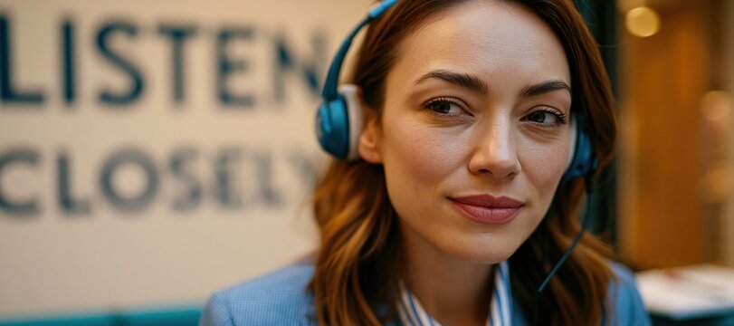 Female conference interpreter wearing headset in professional booth