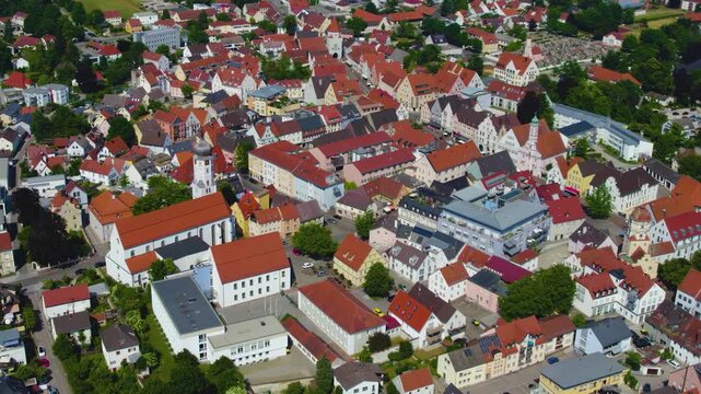 Aerial view of the old town and city Aichach in Germany, Bavaria on a sunny spring day