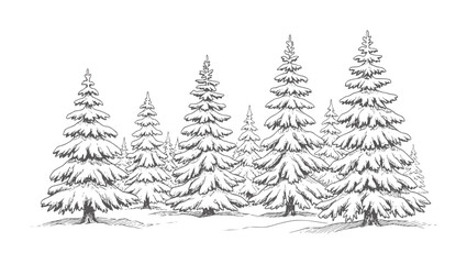 Hand drawn of snow covered pine trees in a forest winter © Rakibul V