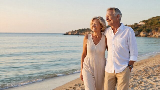 Happy senior couple walking on sandy beach at sunset enjoying peaceful seaside moment