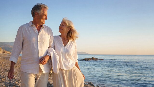 Senior couple walking on peaceful seaside at sunset wearing light summer clothing