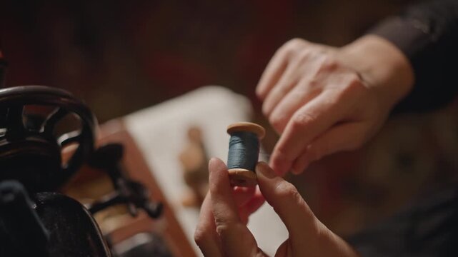 Detailed shot of hands with sewing apparatus. Closeup of fingers guiding thread into vintage sewing device. Intimate view of hands positioning spool next to antique treadle sewing machine