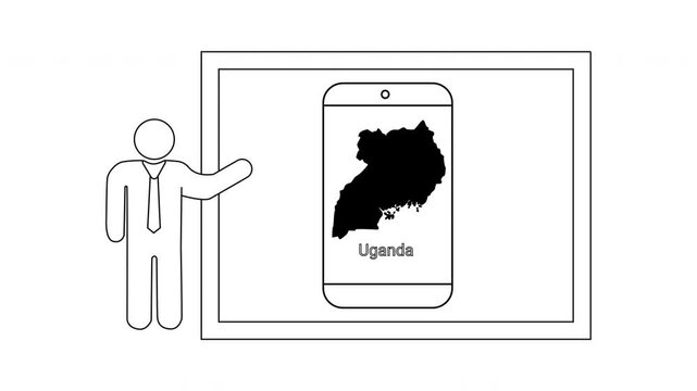 Man presenting Uganda map on smartphone screen during a presentation.