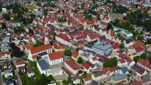 Aerial view of the old town and city Aichach in Germany, Bavaria on a sunny spring day