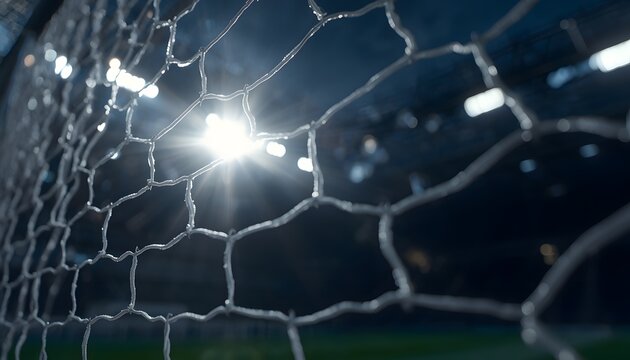Extreme Close Up of Football Goal Net with Dramatic Stadium Floodlight Backlight Glowing Through at Night &ndash; Cinematic Soccer Background Perfect for Sports Poster, Social Media, Website Banner, Sports