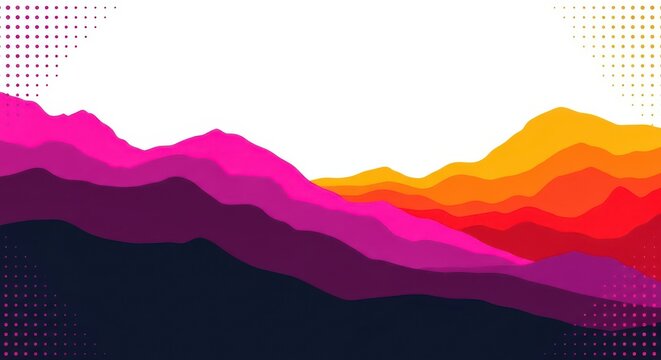 Vibrant colorful mountain range landscape with white background and dotted patterns