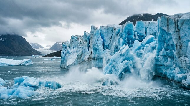 Massive blue glacier calving into the ocean with dramatic splash and icebergs