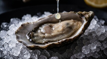 Fresh oyster being drizzled with lemon juice on crushed ice © Vagner