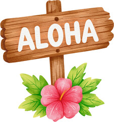 Watercolor aloha wooden sign with hibiscus flower illustration © Je