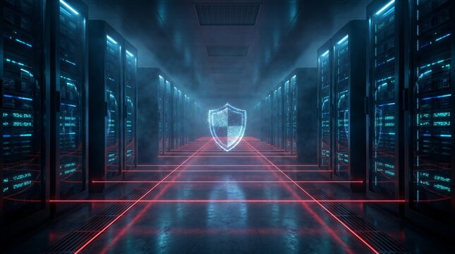 Infinite Server Room Corridor with Glowing Security Shield and Red Laser Grid &mdash; Data Center
