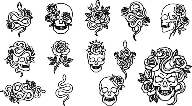 Skull snake rose tattoo flash set minimalist line art illustrations