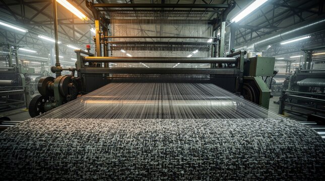 Industrial loom weaving intricate fabric in a factory setting