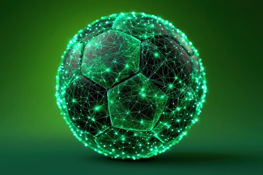 Football surrounded by glowing digital data particles on green gradient