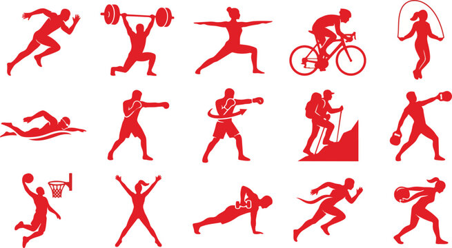 Diverse collection of red silhouette vector graphic icons depicting various energetic sports activities and fitness exercises including running lifting cycling swimming and boxing set isolated in a pr