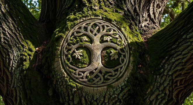 Golden tree of life symbol carving on a dark wooden tree bark in a forest