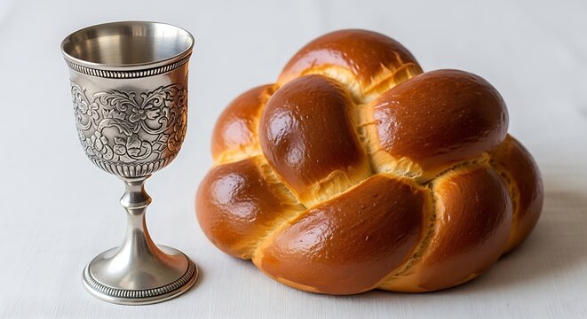 A shiny silver metal chalice cup and a round braided challah loaf of bread for a religious ceremony or a festive meal