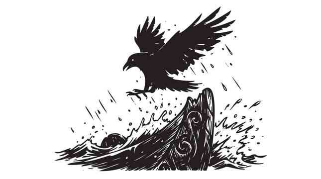 Black raven flying over tree stump, stormy weather, vector illustration, wildlife scene