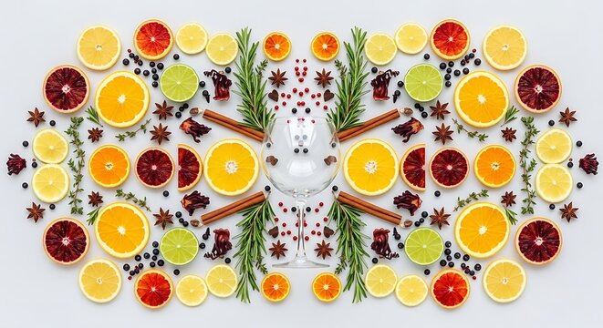 Symmetrical pattern of fresh sliced oranges grapefruits rosemary and cinnamon sticks arranged for holiday food decoration