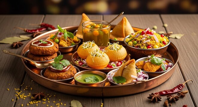 Traditional Indian street food platter with pani puri samosa and chaat served in small metal bowls on a dark rustic wooden table
